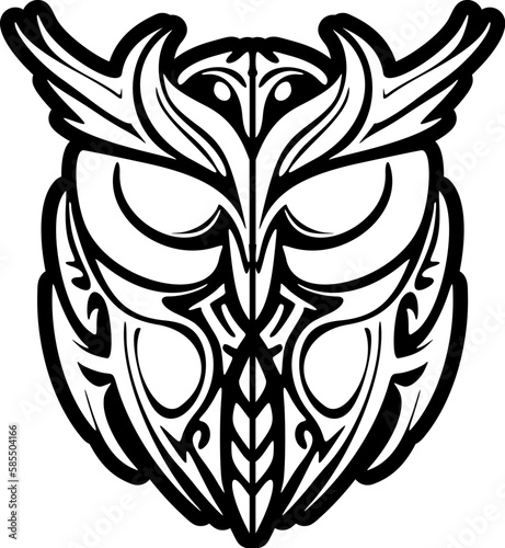 ﻿A striking tattoo design featuring a black and white owl adorned with Polynesian patterns.