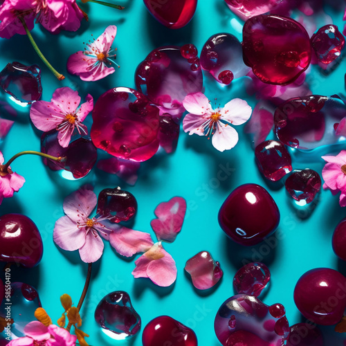 Seamless spring pattern with close-up of cherry blossoms and jewelery transparent stones in cyan and purple colors. Generative AI photo