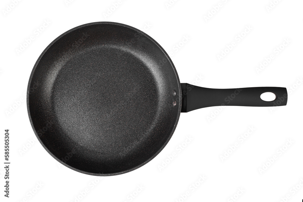 Black frying pan with nonstick surface isolated on white background, close-up, top view. Black frying pan with nonstick surface isolated on white background, close-up, top view.