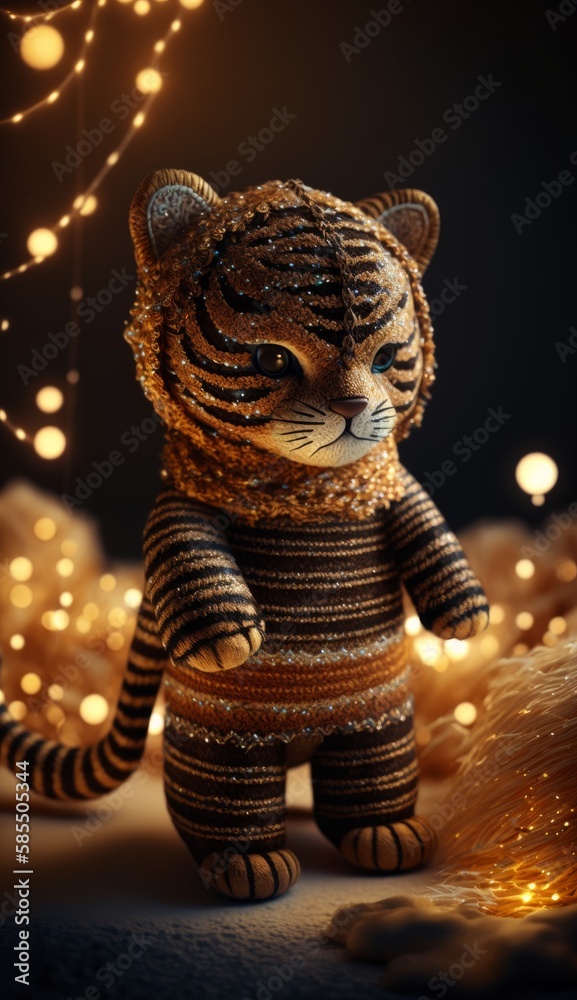 Beautiful stuffed tiger toy in outfit, tiger cub doll for children, decorative gift. Character for children's books and stories. Created with AI. Beautiful stuffed tiger toy in outfit, tiger cub doll for children, decorative gift. Character for children's books and stories. Created with AI.