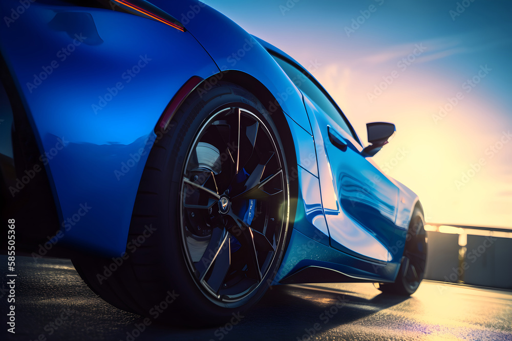 Striking futuristic blue color sport automobile, back detail view, generative ai.