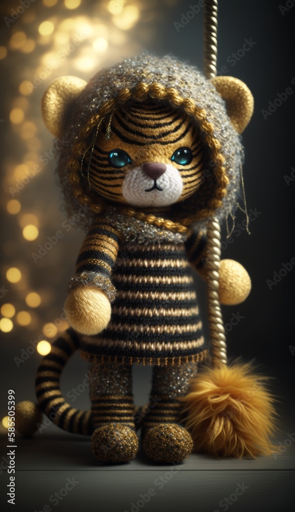 Beautiful stuffed tiger toy in outfit, tiger cub doll for children, decorative gift. Character for children's books and stories. Created with AI.
