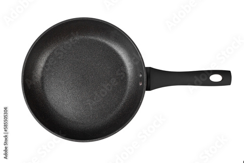 Black frying pan with nonstick surface isolated on white background, close-up, top view.