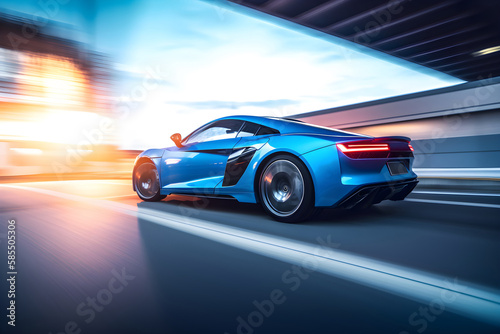 Striking futuristic blue color sport automobile on road, back view, generative ai.