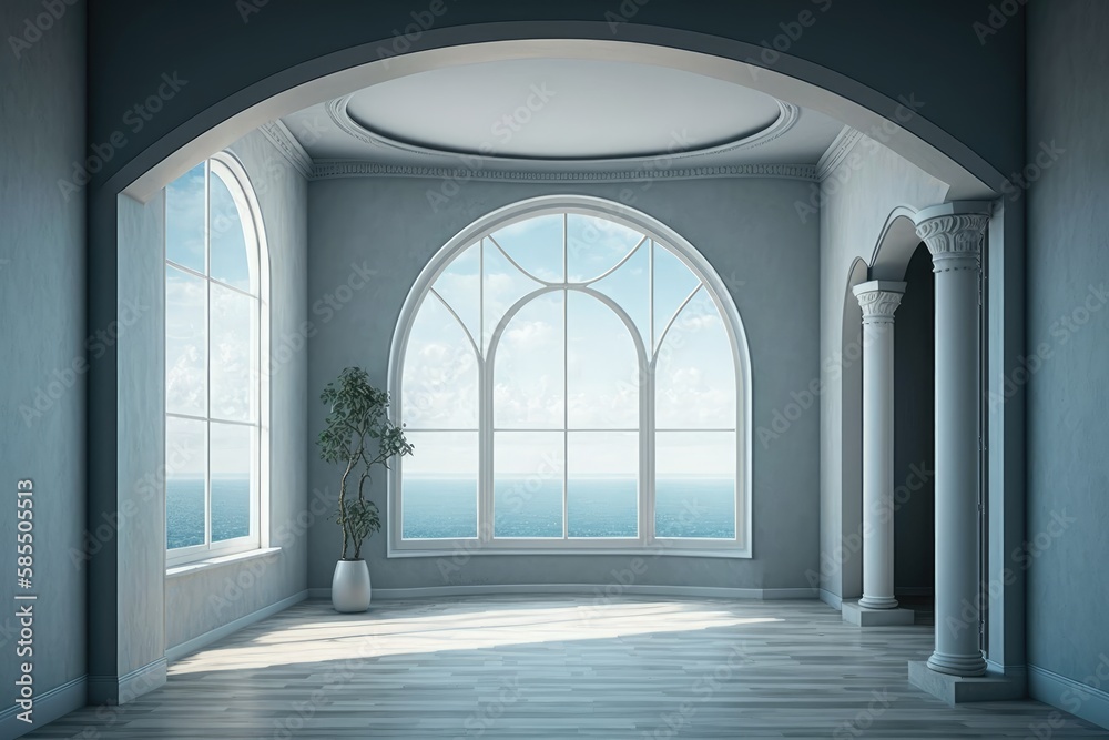 Empty room with arched windows and sea view