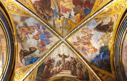 Main nave ceiling frescos of Eglise Sainte Marie des Anges St. Mary of Angels church of Franciscans Monastery in Cimiez district of Nice in France