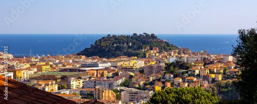 Nice metropolitan view with Colline du Chateau Castle Hill, Mont Boron Mountain, Vielle Ville, Riquier and Port district on French Riviera Azure Coast in France