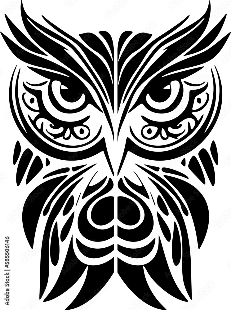 ﻿Tattoo of a black and white owl with Polynesian designs.