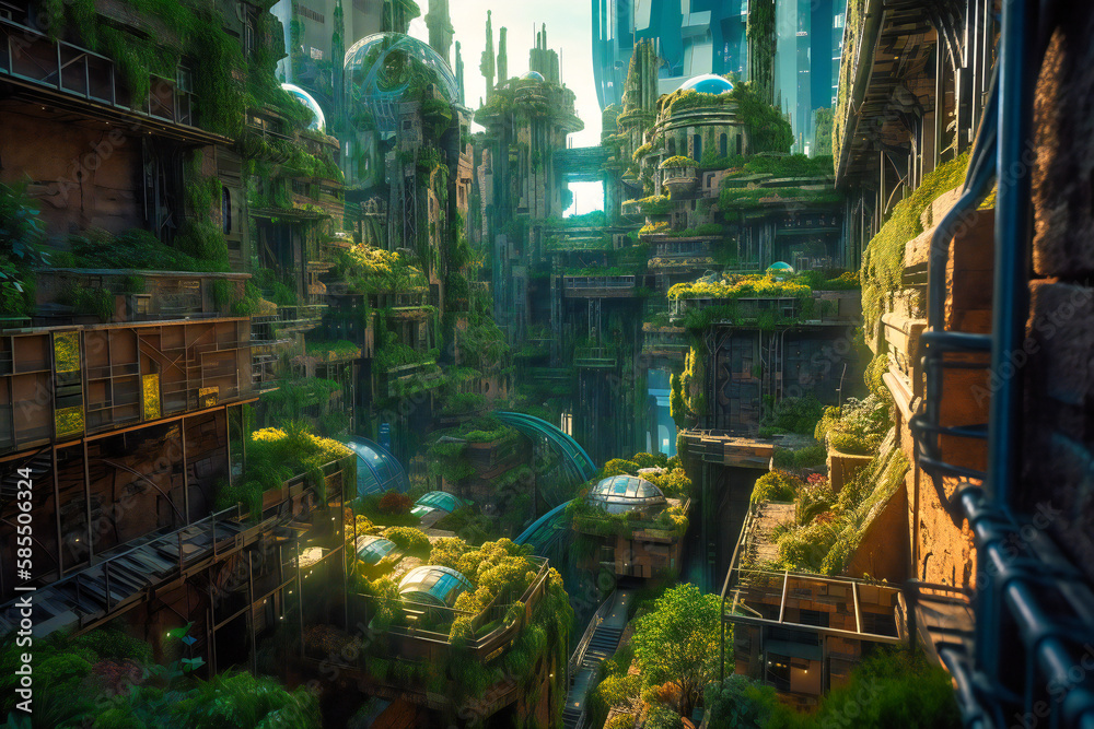 Obraz premium The green futuristic city is a bustling metropolis where towering buildings are adorned with vertical gardens, purifying the air and providing a sanctuary for local wildlife