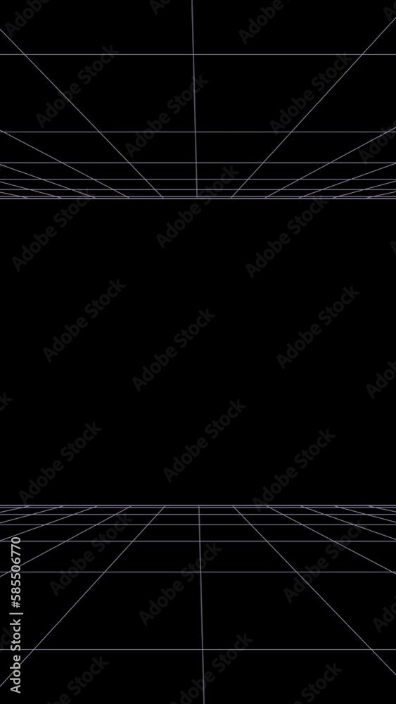 Perspective wireframe grid vertical simple black and white. Seamless loop. 