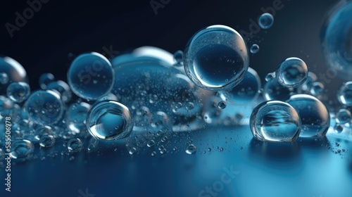 blue water bubbles and droplets close up, made wth generated ai