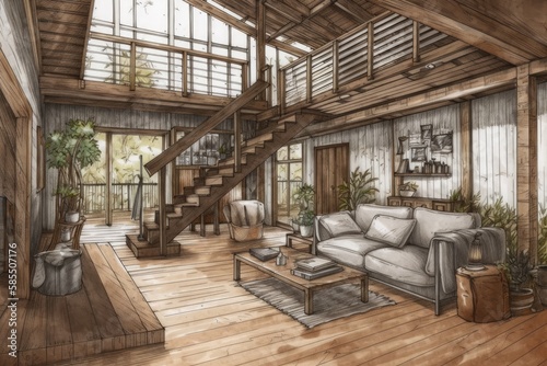 Hand drawn sketch unfinished project becomes farmhouse mezzanine living room in bohemian style  architect interior designer idea. Sofa  armchair  side table . Generative AI