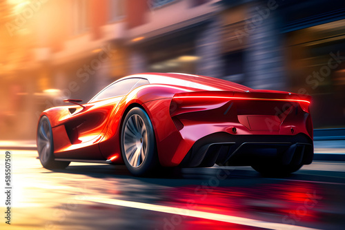 Futuristic red color sport automobile on road, speed back view, generative ai.
