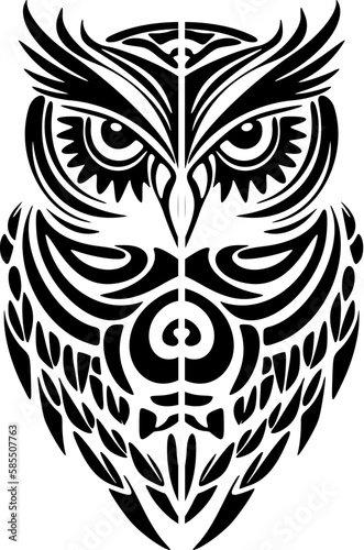 ﻿A black and white owl tattoo with Polynesian designs.