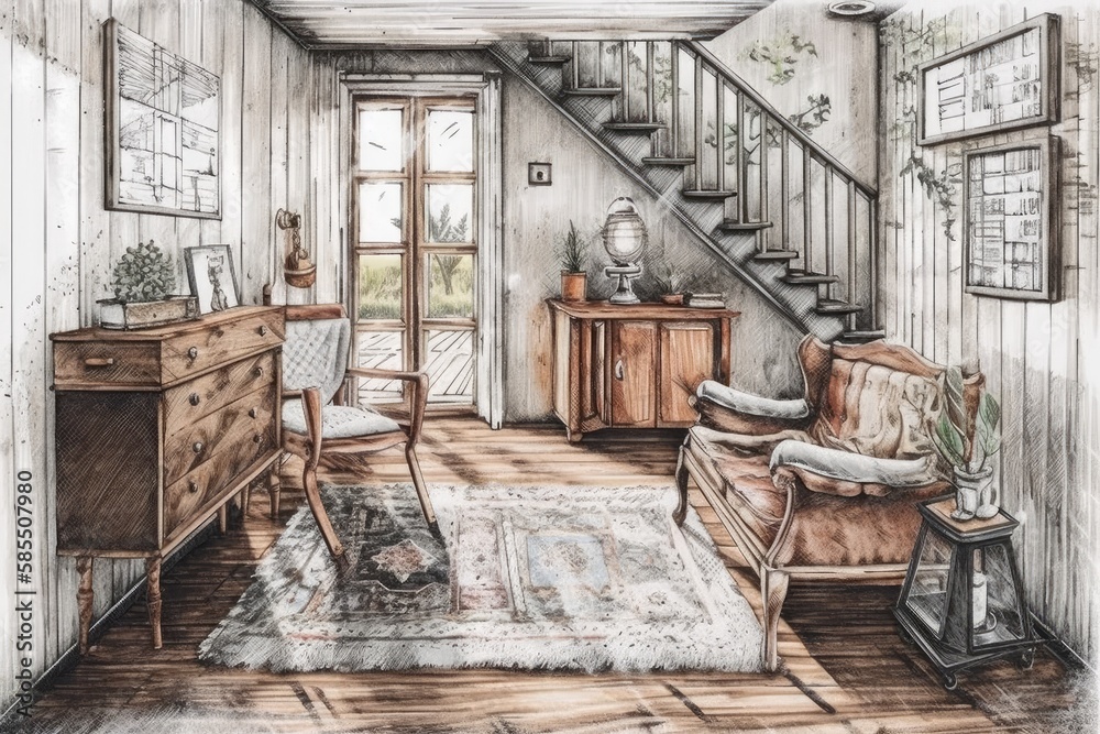 Obraz premium Architect interior designer concept hand drawn draft unfinished idea becomes actual, boho chic living room, chest of drawers, rocking chair. Bohemian farmhouse decor,. Generative AI