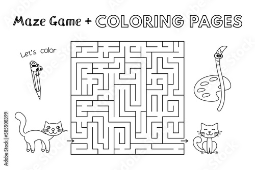 Cartoon cats maze game. Vector coloring book pages for children