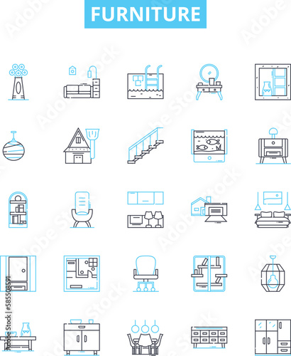 Furniture vector line icons set. Furniture, Chairs, Tables, Sofas, Desks, Stools, Cupboards illustration outline concept symbols and signs © Nina