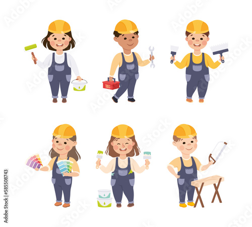 Smiling Girl and Boy Builder in Hard Hat and Overall Vector Set