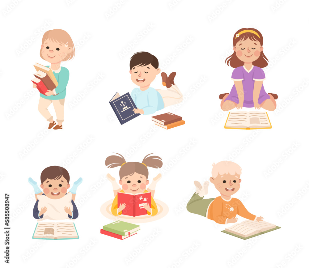 Little Boy and Girl Enjoying Reading Book and Fiction Story Vector Set