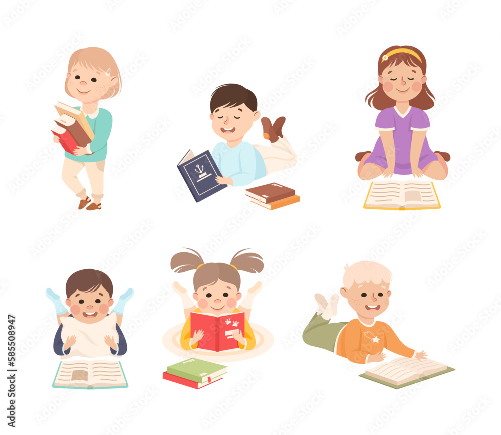 Little Boy and Girl Enjoying Reading Book and Fiction Story Vector Set Little Boy and Girl Enjoying Reading Book and Fiction Story Vector Set