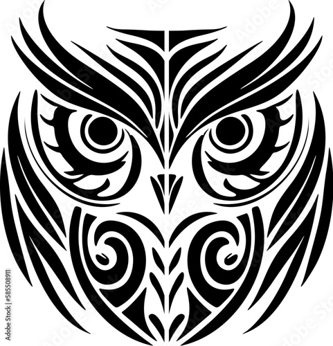    Black   white owl tattoo with Polynesian design details.
