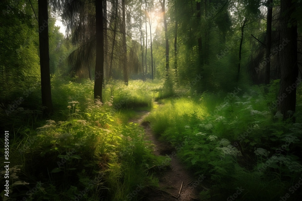 Fototapeta premium Green Forest Landscape with Sunlight, Background Wallpaper