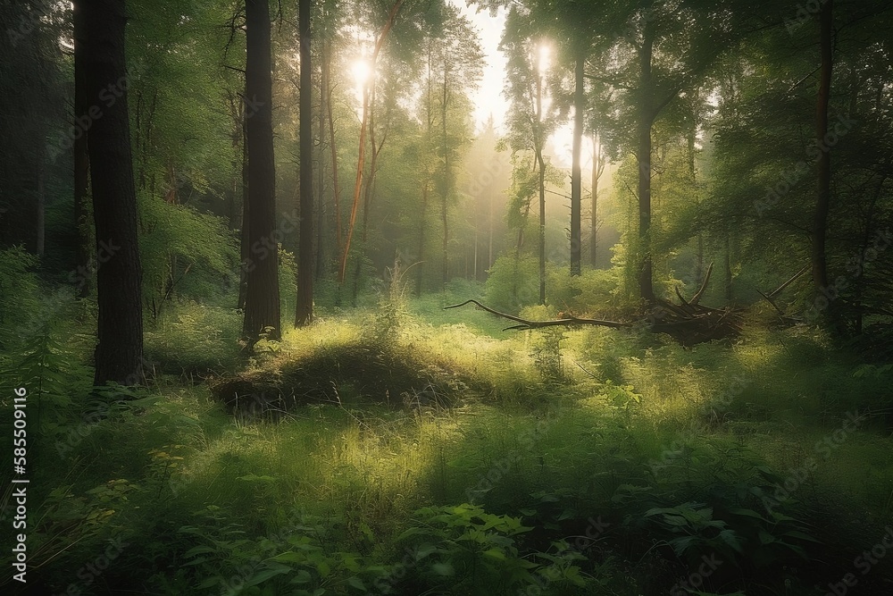 Obraz premium Green Forest Landscape with Sunlight, Background Wallpaper