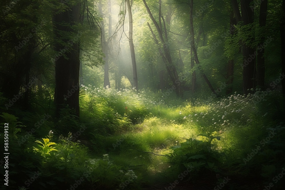 Fototapeta premium Green Forest Landscape with Sunlight, Background Wallpaper