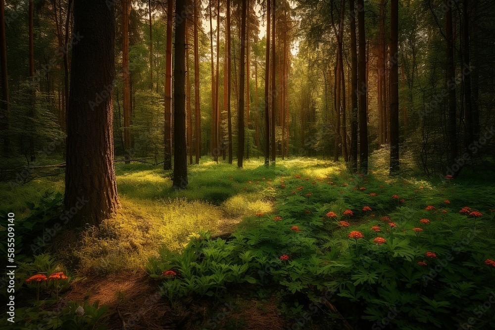 Fototapeta premium Green Forest Landscape with Sunlight, Background Wallpaper