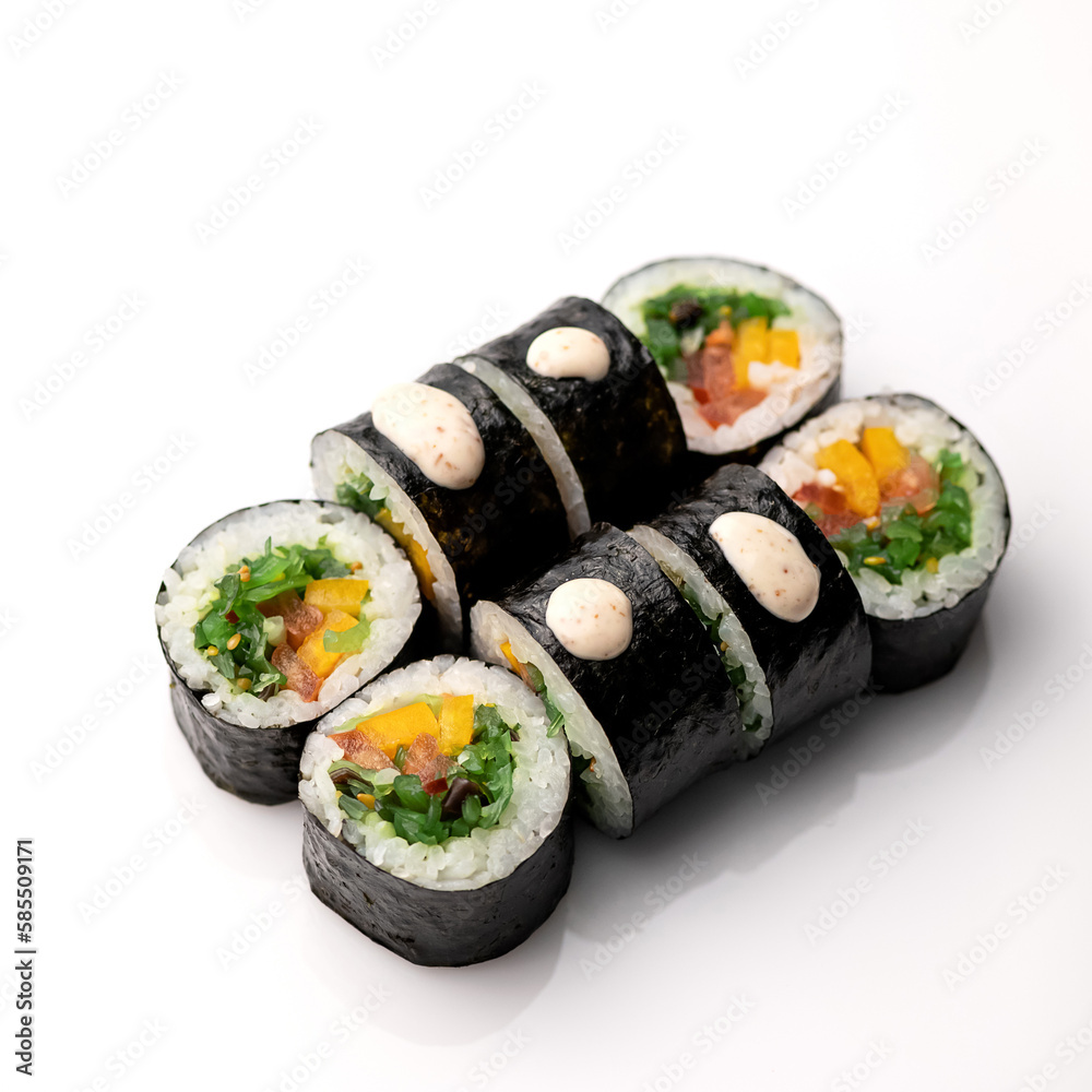 Futomaki sushi rolls with hiashi seaweed, pepper and salmon and sauce. Healthy low calorie food. Fitness rolls. Japanese, Asian cuisine. Seafood dishes. White background. View from above. Copy space. Futomaki sushi rolls with hiashi seaweed, pepper and salmon and sauce. Healthy low calorie food. Fitness rolls. Japanese, Asian cuisine. Seafood dishes. White background. View from above. Copy space.