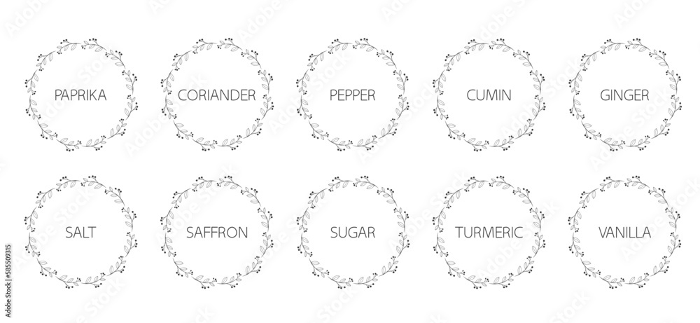 Spice organizer sticker set with black patterns. Vector food labels for spices. Labels for marking. Stickers for spices on a white background. Vector illustration 