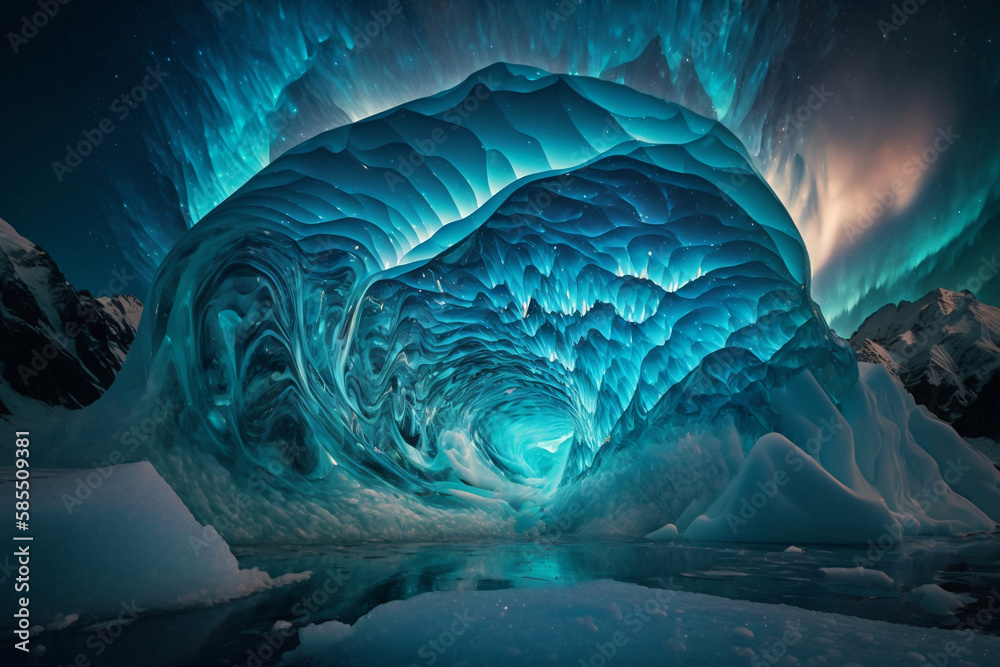 Obraz premium Aurora borealis over snowy mountains, frozen sea coast, reflection in water at night, generative ai