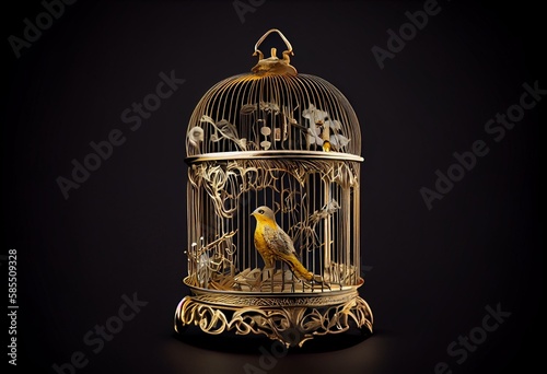 Gold bird cage on transparent background. Generative AI