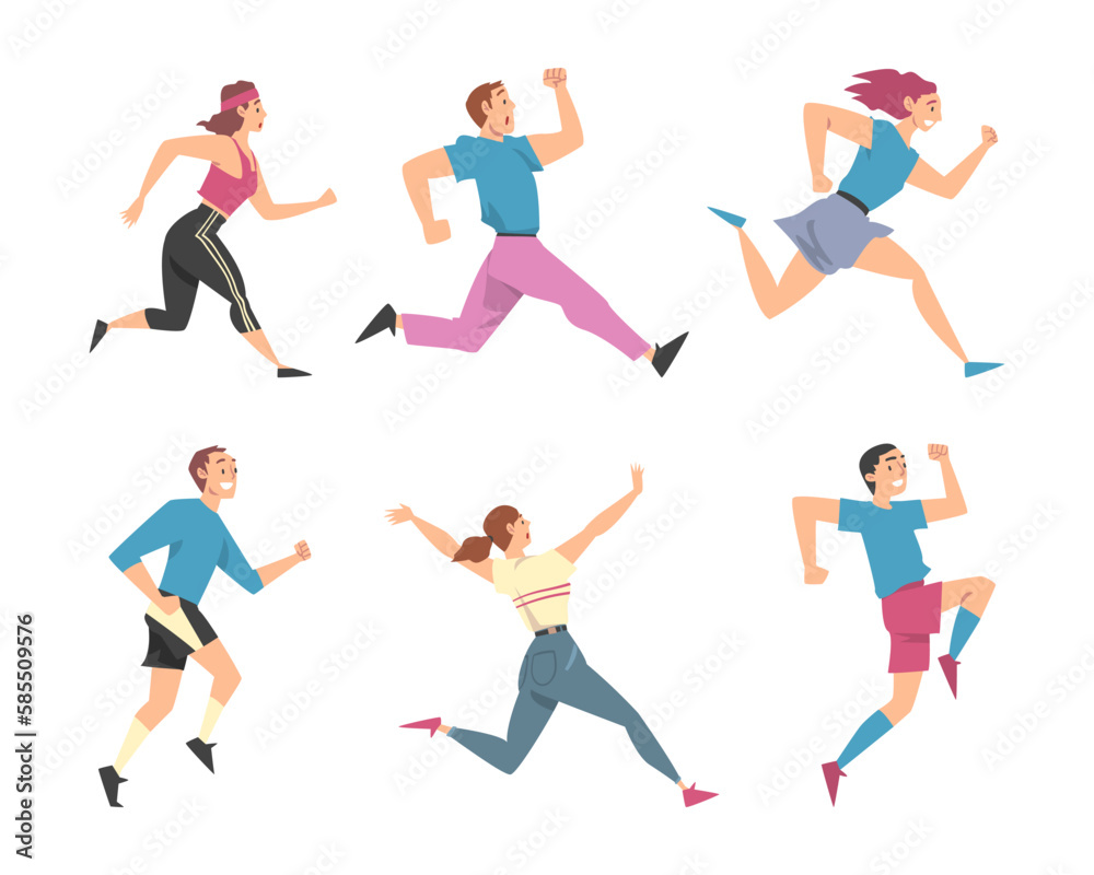 Man and Woman Character Running in a Hurry and Hasten Somewhere Vector Set