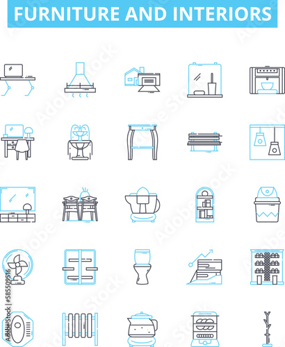 Furniture and interiors vector line icons set. Furniture  Interiors  Sofas  Chairs  Tables  Desks  Beds illustration outline concept symbols and signs