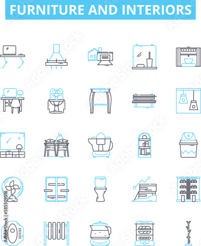 Furniture and interiors vector line icons set. Furniture, Interiors, Sofas, Chairs, Tables, Desks, Beds illustration outline concept symbols and signs