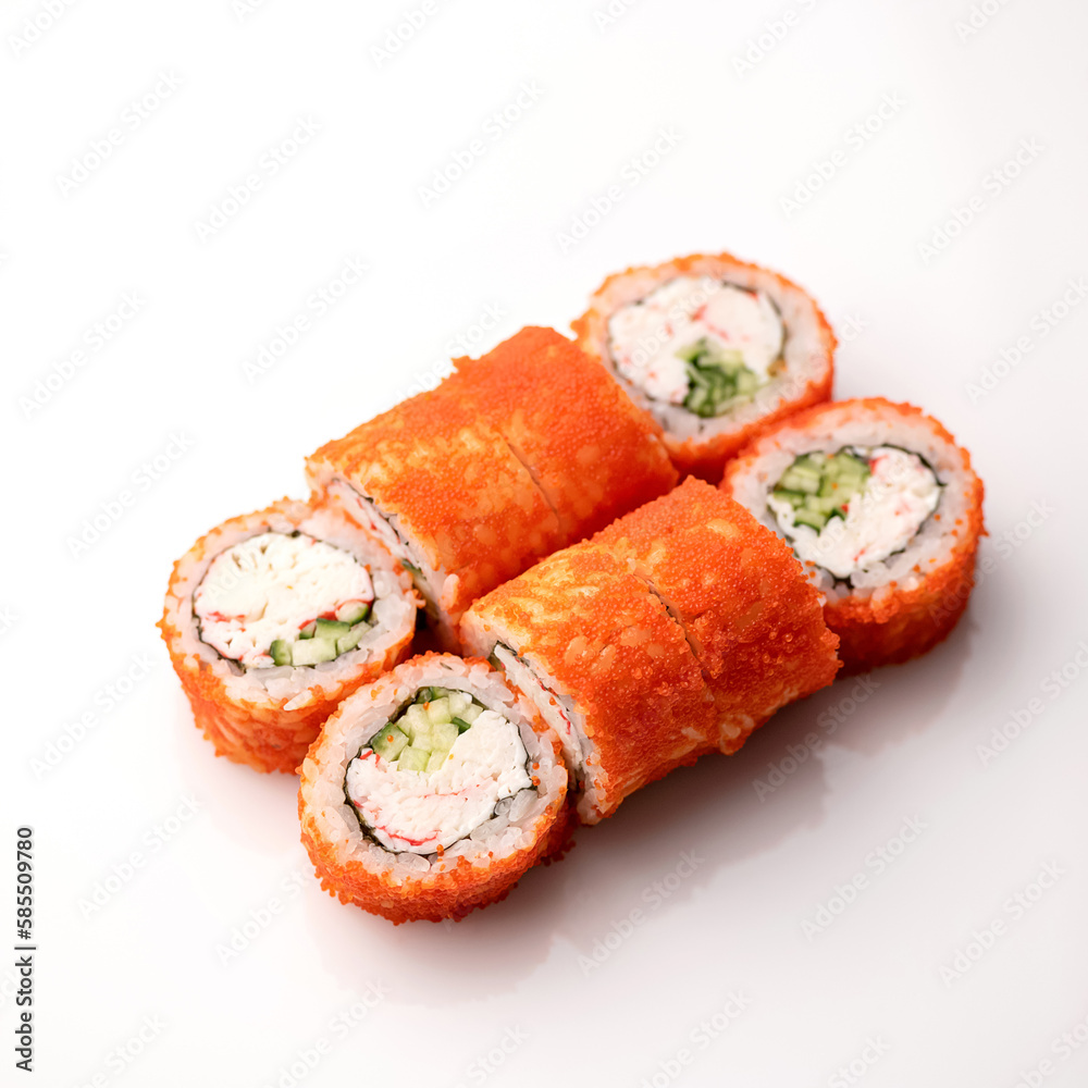 Set of sushi rolls with flying fish caviar, crabs, avocado, cucumber, cream cheese. California rolls. Japanese food. Asian cuisine. Seafood dishes. White background. Top view. Copy space. Set of sushi rolls with flying fish caviar, crabs, avocado, cucumber, cream cheese. California rolls. Japanese food. Asian cuisine. Seafood dishes. White background. Top view. Copy space.