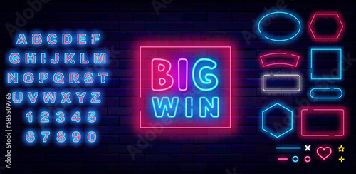 Big win neon sign. Geometric frames set. Shiny blue alphabet. Winning and casino concept. Vector illustration