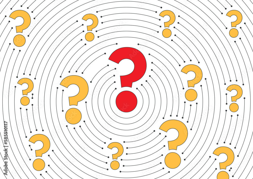 interlocking rings and question marks. red, orange question marks