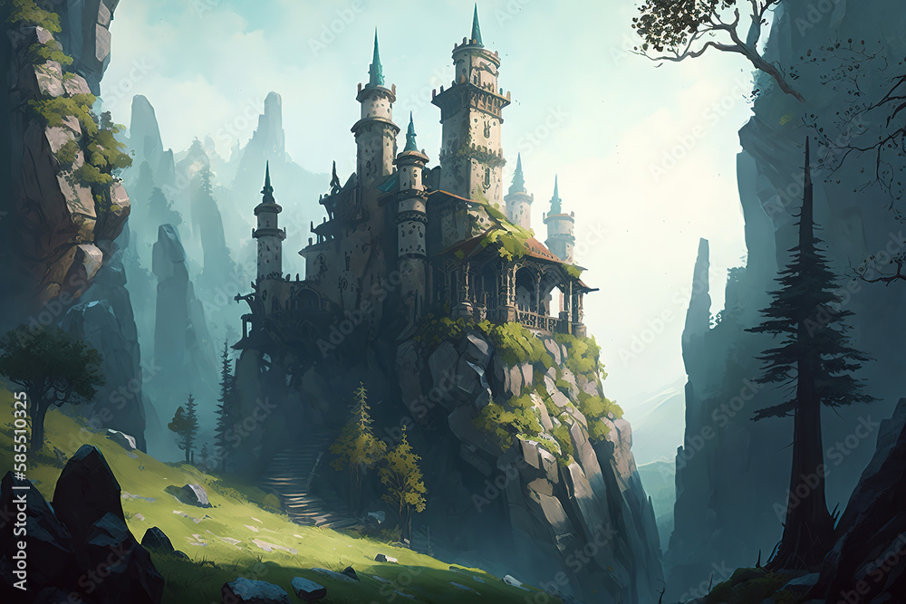 a large castle sitting on top of a lush green hillside, fantasy landscape, art illustration 