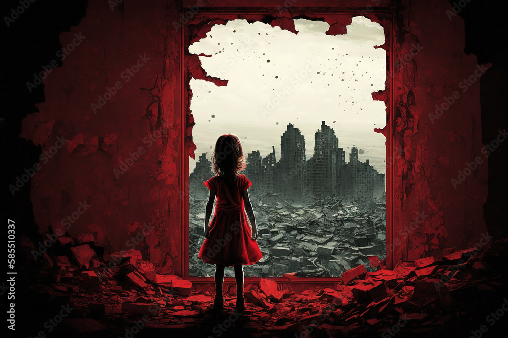 a little girl in a red dress looking out a window, destroyed city, apocalyptic, art illustration 