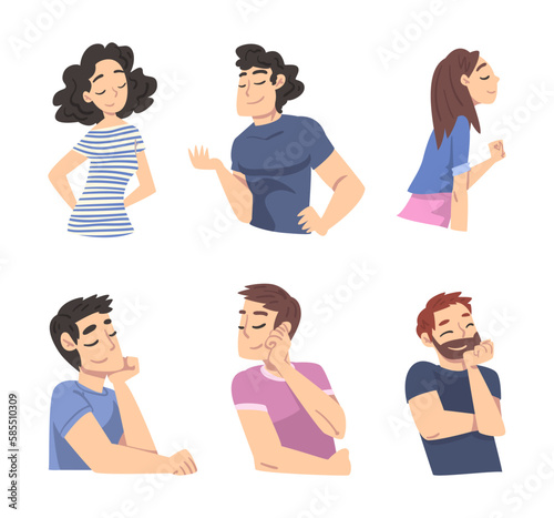 Smiling Man and Woman Character Looking at Someone Demonstrating Attention Vector Set