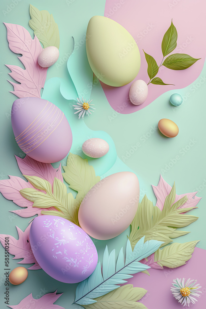 Cute pastel-colored Easter eggs on a turquoise background, created by AI