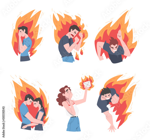 Burning Man and Woman Character Feeling Anger and anguish Vector Set