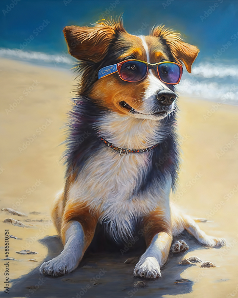 dog wearing sunglasses on a beach on a beautiful bright day, oil painting, ai art illustration 