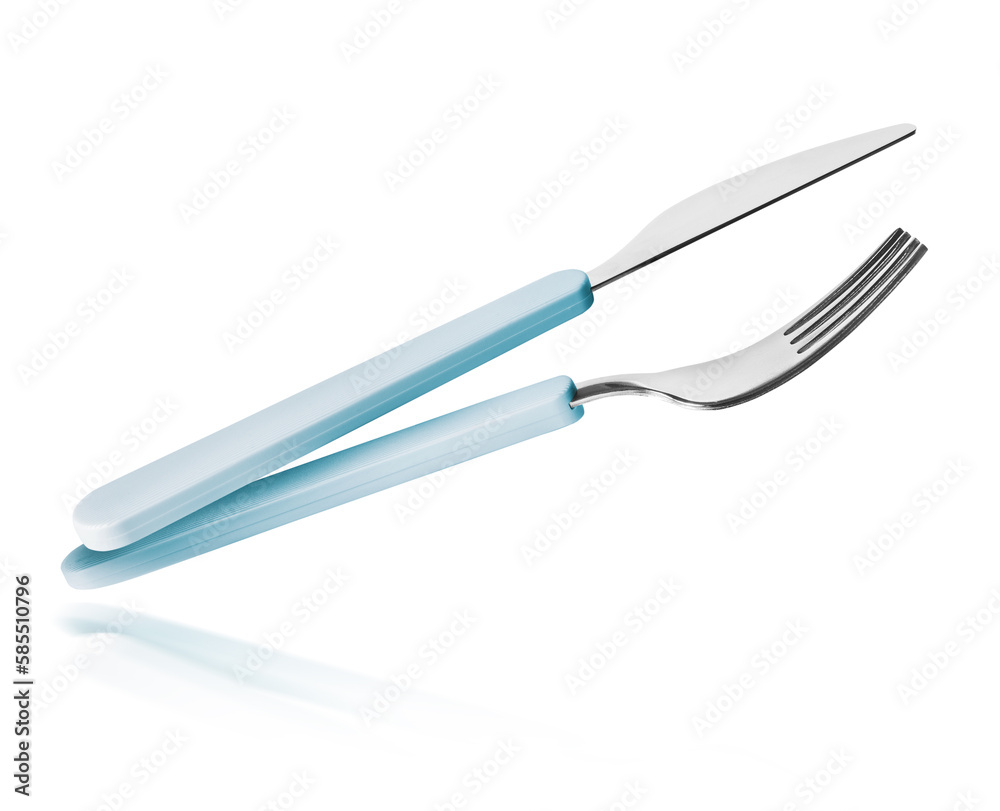 Obraz premium Metal knife and fork close-up isolated on white background