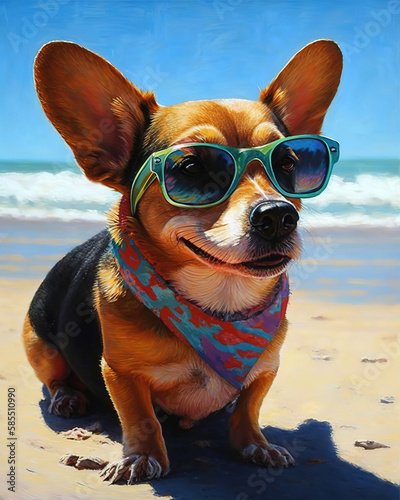 dog wearing sunglasses on a beach on a beautiful bright day, oil painting, ai art illustration  © vvalentine