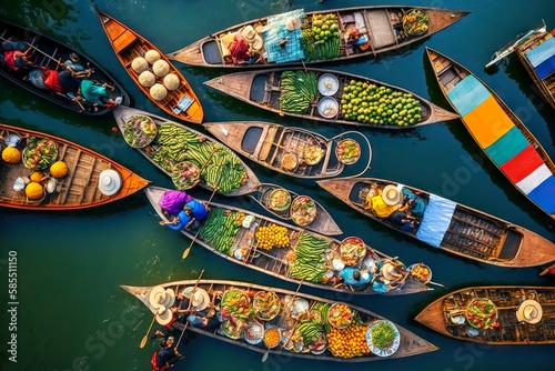 Lots of fruit boats on traditional oriental floating market, created with generative ai