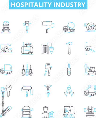 Hospitality industry vector line icons set. Hospitality, Industry, Tourism, Hotels, Restaurants, Catering, Accommodation illustration outline concept symbols and signs