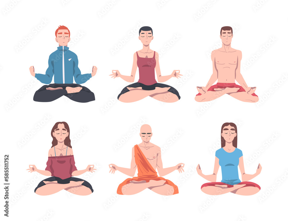 Young Man and Woman Cross-legged Sitting in Padmasana or Lotus Position Practicing Mediation Vector Set Young Man and Woman Cross-legged Sitting in Padmasana or Lotus Position Practicing Mediation Vector Set